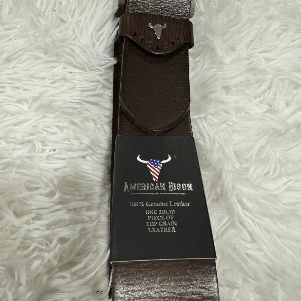 American Bison Size 34 Mens Brown Leather Belt silver Hardware